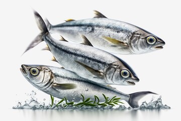 Fototapeta premium Isolated fresh herring fish on a white backdrop. Generative AI