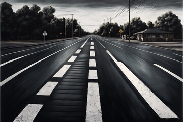 Fototapeta na wymiar Empty highway black asphalt road and white dividing lines, Crosswalk on the road for safety when people walking across the street, Pedestrian crossing on a repaired asphalt road, Safety First