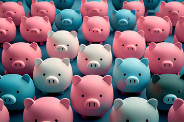 row of Piggy banks. seamless. Flat lay, top view, with a lot of copy space