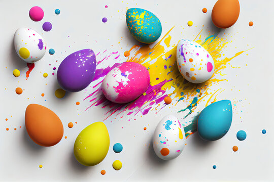 many colorful easter eggs in splash of paint. white background