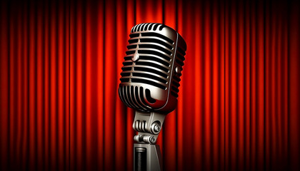 Microphone on the background of a red curtain. Realistic background. Comedian night show, comedy show, stand up concert. Musical Theatre. Karaoke parties. Place for your text. AI