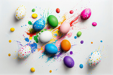 many colorful easter eggs in splash of paint. white background