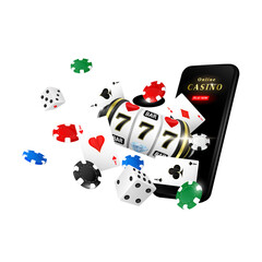 Slot machine, poker chips and dice float away from smartphone. For design website banner online casino gambling to advertising poster. File PNG 3D realistic.