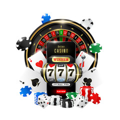 Online casino, banner with smartphone, casino slot machine, Casino Roulette, playing cards, poker chips. For design website banner online casino gambling to advertising poster. File PNG 3D realistic.