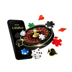 Games roulette, poker chips and dice float away from smartphone. For design website banner online casino gambling to advertising poster. File PNG 3D realistic.