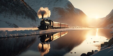 Historic steam train in winter mountains under snow on sunset reflected in lake. Panoramic banner, AI generative