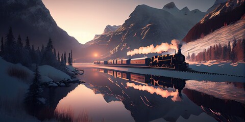 Historic steam train in winter mountains under snow on sunset reflected in lake. Panoramic banner, AI generative - obrazy, fototapety, plakaty