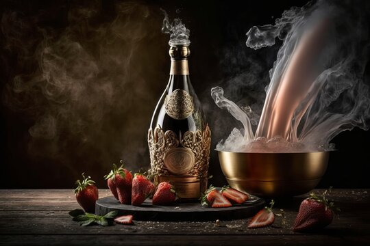  A bottle of champagne being opened with smoke billowing out of the top created using generative AI