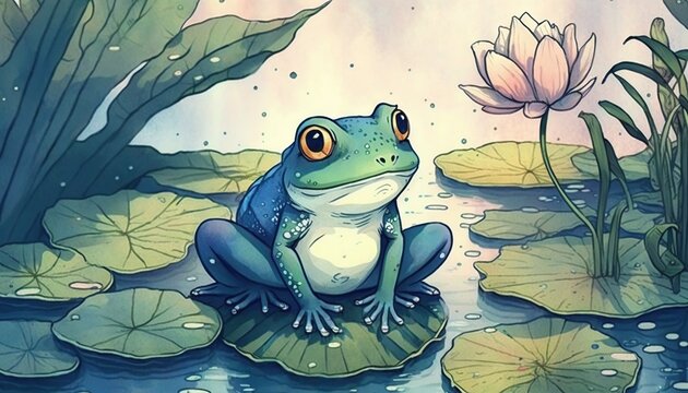  a frog is sitting on a lily pad in a pond with lily pads and water lilies in the background, with a pink flower in the foreground.  generative ai
