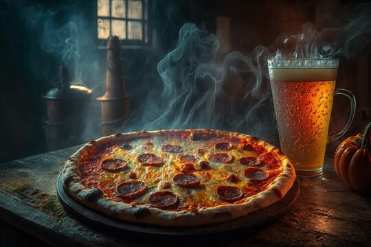 A sizzling hot pepperoni pizza with steam rising from it and a cold beer in the background created using generative AI