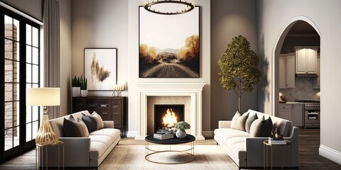 Living room in upscale home with fireplace. Generative AI