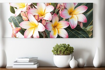 Panorama of plumeria flowers fresh for banner or cards background. Spring landscape of pink and white Plumeria flower. Bright colorful spring flowers