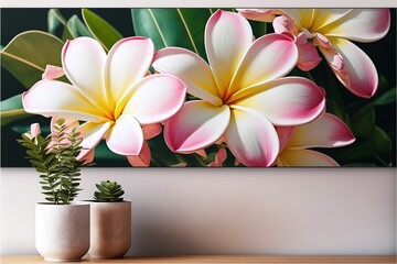 Panorama of plumeria flowers fresh for banner or cards background. Spring landscape of pink and white Plumeria flower. Bright colorful spring flowers