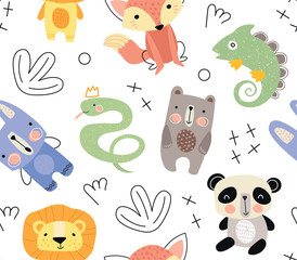 Doodle animals seamless pattern. Repeating design element for printing on fabric. Rabbit, panda, snake, lizard, lion and fox. Wild life and fauna, childrens drawing. Cartoon flat vector illustration