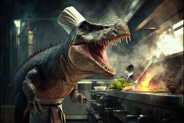 Dinosaur with chef's hat is cooking in kitchen. Generative AI.