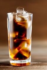 Espresso tonic with clear ice cube in tumbler glass on oak wood table with copy space, shallow focus - generative ai
