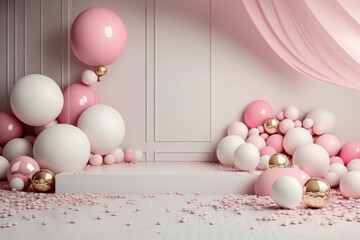Pink and white room with balloons and confetti. Generative AI.