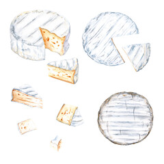 Brie, Camembert cheese set. Watercolor illustration isolated on white background
