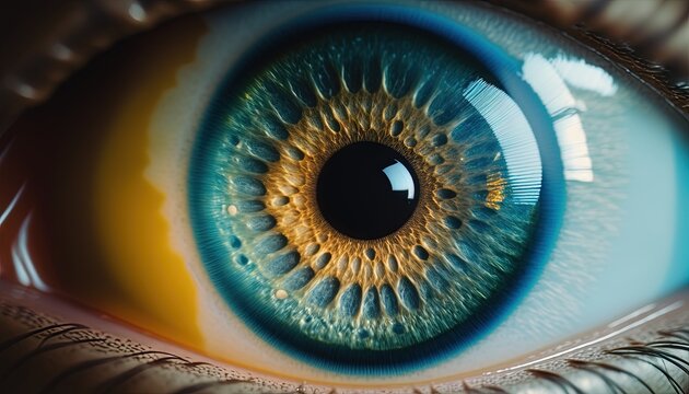  a close up of a blue eye with a yellow iris in the center of the eye and a black iris in the center of the eye.  generative ai