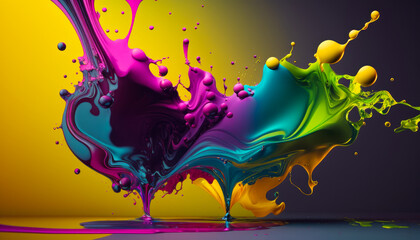 Fototapeta na wymiar Multicolored liquid splashing on yellow and purple background. Generative AI.