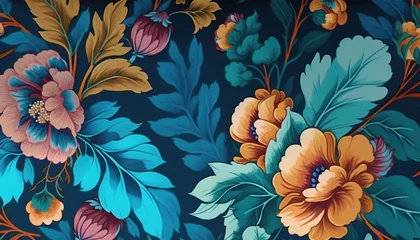 Türaufkleber  a blue and orange flowered wallpaper with leaves and flowers on the side of the wall and the bottom half of the wall with a blue background.  generative ai © Anna