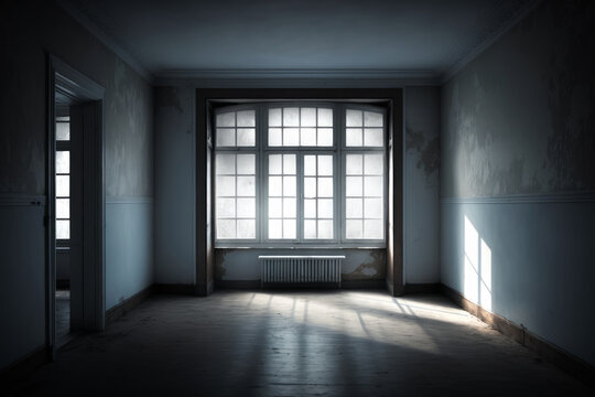 Dark room with window and radiator. Generative AI.