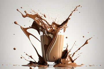 Chocolate milkshake splashing out of glass. Generative AI.