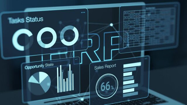 Laptop computer with an ERP software, enterprise resource planning, business and technology concept, charts data and reports, futuristic graphic interface, corporate company management,  (3d render)
