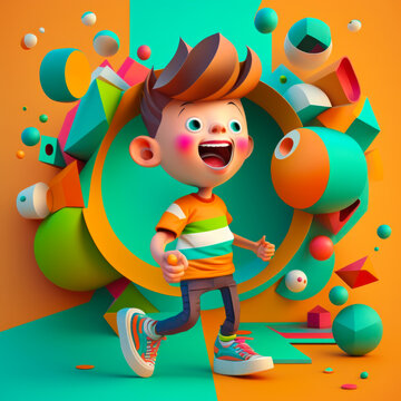 Young boy is running through colorful background. Generative AI.
