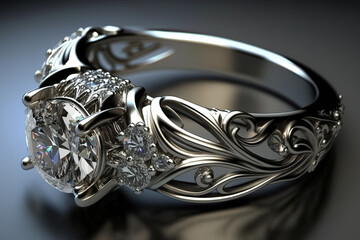 A huge diamond wedding ring is isolated placed on black background, luxury gift object. Generative Ai image.