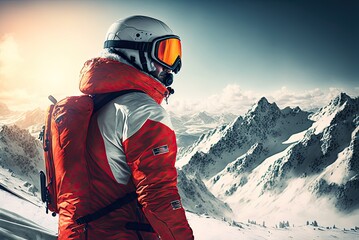Fototapeta na wymiar Portrait of an extreme winter skier in a mask, white helmet and red jacket on a virgin sharp slope in the mountain hills. Generative AI