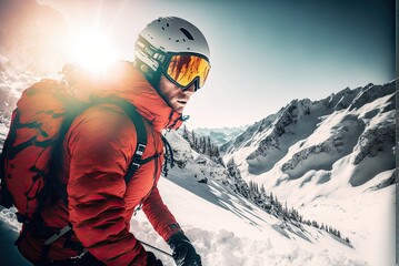 Portrait of an extreme winter skier in a mask, white helmet and red jacket on a virgin sharp slope in the mountain hills. Generative AI - obrazy, fototapety, plakaty