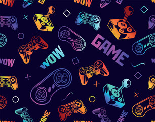 Game seamless pattern. Repeating design element for printing on fabric. Bright and neon controllers set. Minimalist creativity and art. Video game and console. Cartoon flat vector illustration