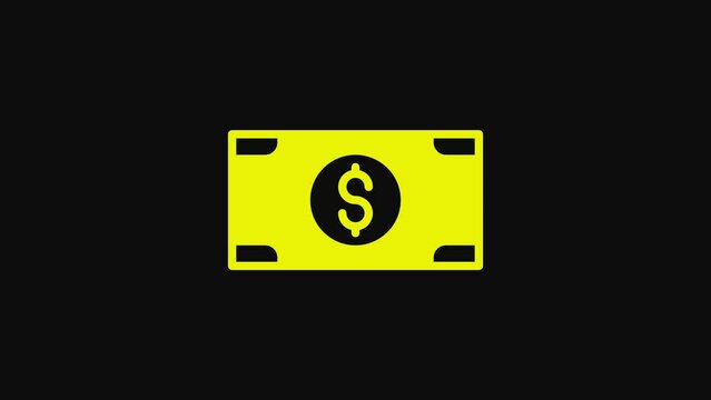 Yellow Stacks paper money cash icon isolated on black background. Money banknotes stacks. Bill currency. 4K Video motion graphic animation