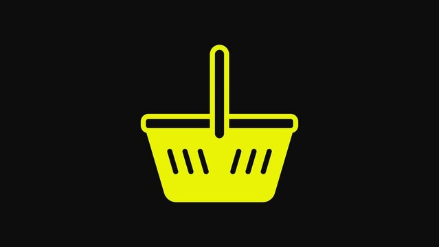 Yellow Shopping basket icon isolated on black background. Online buying concept. Delivery service sign. Shopping cart symbol. 4K Video motion graphic animation