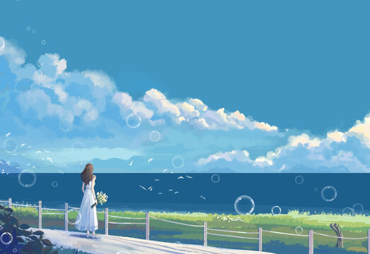 A beautiful illustration of a girl holding flowers embraced by nature, standing by the riverside with blue skies, white clouds, clear water, birds, and nature's tranquility in the background