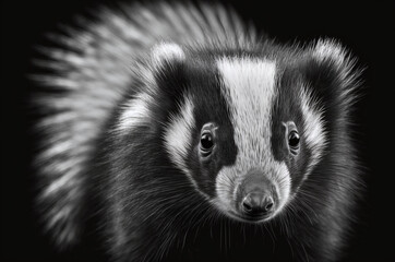 Black and white head portrait of a skunk