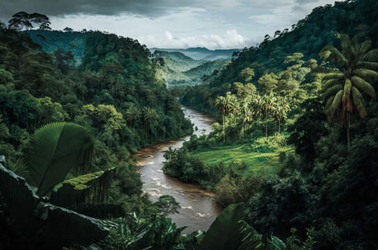 A panoramic view of a lush, verdant jungle valley dotted with towering trees and babbling brooks