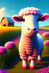 A cute sheep in front of a barn with colorful flowers. Farm animal. Generative AI.