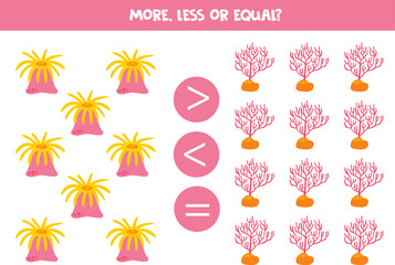 More, less or equal with cartoon pink actinia and coral.