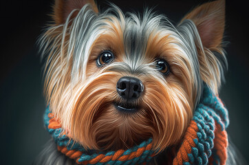 Naklejka premium Close-up portrait of a Yorkshire Terrier with orange, knitted scarf 