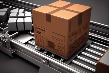 Box on conveyor roller. 3D Rendering. Generative AI