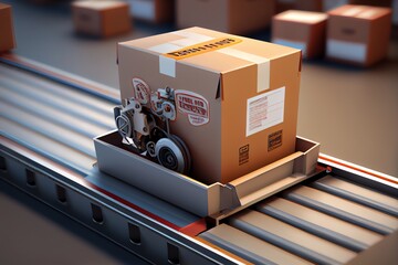 Box on conveyor roller. 3D Rendering. Generative AI