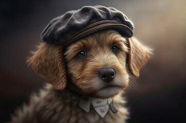 An adorable dog, dressed in a classic newsboy cap