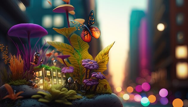  a digital painting of a city street with a lot of flowers and a butterfly on top of a plant in the middle of the picture.  generative ai