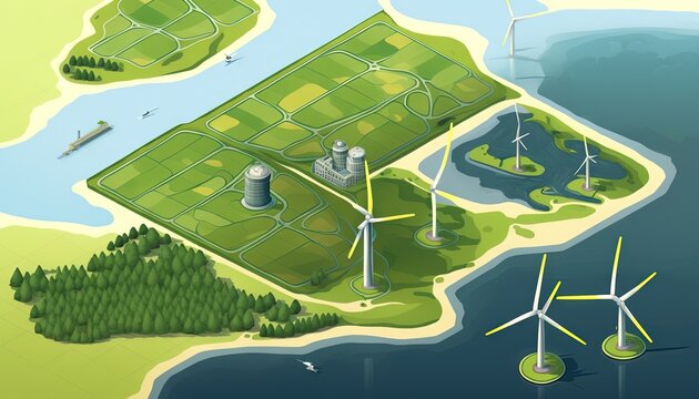  an aerial view of a wind farm with windmills and a lake in the foreground and a plane flying over the top of the picture.  generative ai