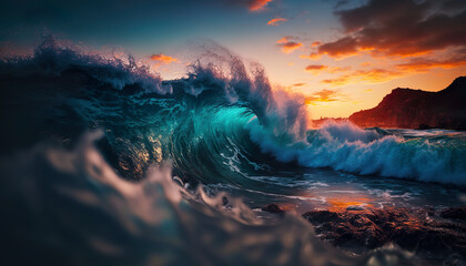 Sunset over the sea, beautiful blue waves, Generative AI