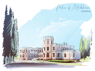 Palace of Mukhrani. Country mansion near Mukhrani village, Georgia. Sketch for a Postcard or Travel Blog. Line drawing painted and isolated on white background. EPS10 vector illustration