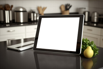 Tablet with mock up blank screen in kitchen. Mobile app, shopping on-line or remote control. AI generated.