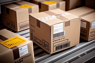 Image of labelled, barcoded carboard boxes on warehouse conveyor belt. Generative AI